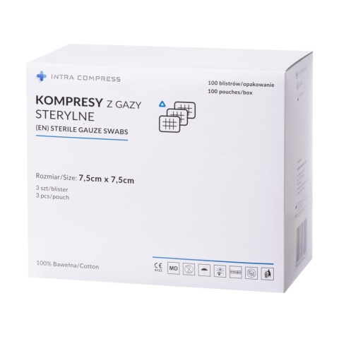 Kompresy z gazy sterylne INTRA COMPRESS 7,5cm x 7,5cm 17nitek/8warstw blister a3szt