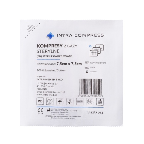 Kompresy z gazy sterylne INTRA COMPRESS 7,5cm x 7,5cm 17nitek/8warstw blister a3szt